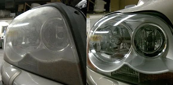 Before and after of a car headlight restoration. The before shows a cloudy headlight, the after is clear.