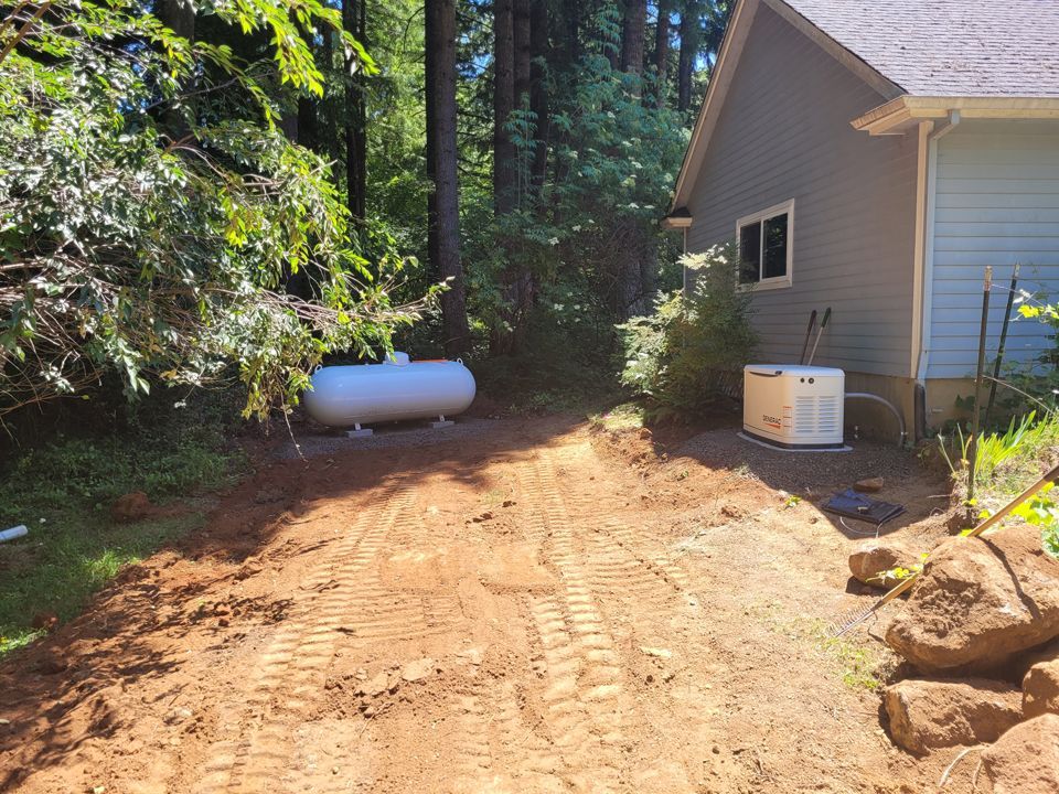 Dirt path leading to a light blue house and propane tank, with a generator. Forest background.
