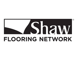 Logo for Shaw Flooring Network: black and white text, abstract shape.