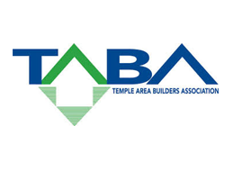 Logo for Temple Area Builders Association; blue and green text with a house-shaped design.
