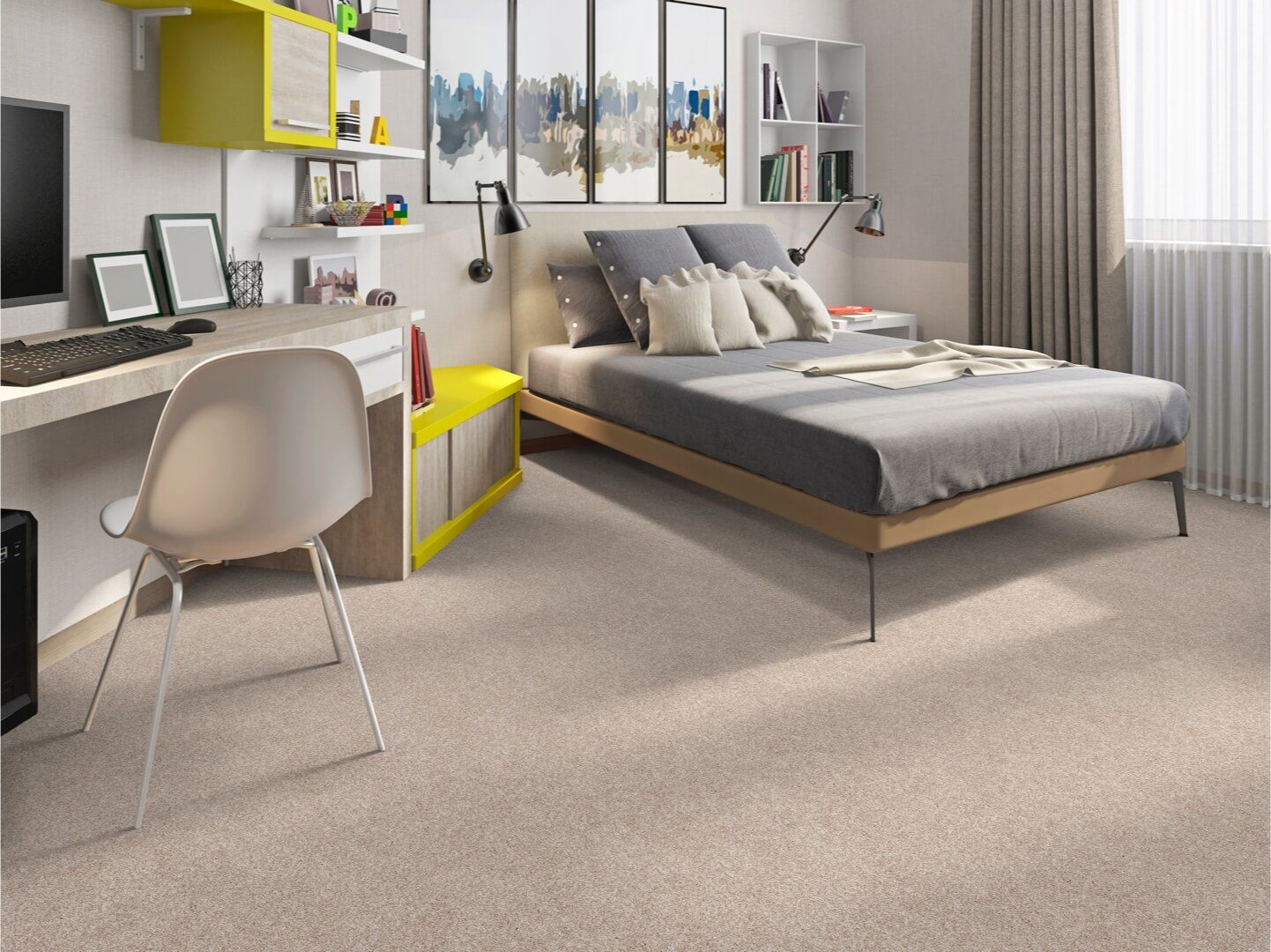 Bedroom with bed, desk, shelves, gray walls, and light brown carpet.