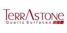Terrastone Quartz Surfaces logo with burgundy text and three horizontal red squares.