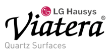 Logo for Viatera Quartz Surfaces by LG Hausys. Text is black over a white background.