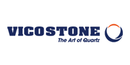Logo for Vicostone, a quartz manufacturer. Features navy text and an orange and blue circular design.