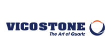 Logo for Vicostone, a quartz manufacturer. Features navy text and an orange and blue circular design.