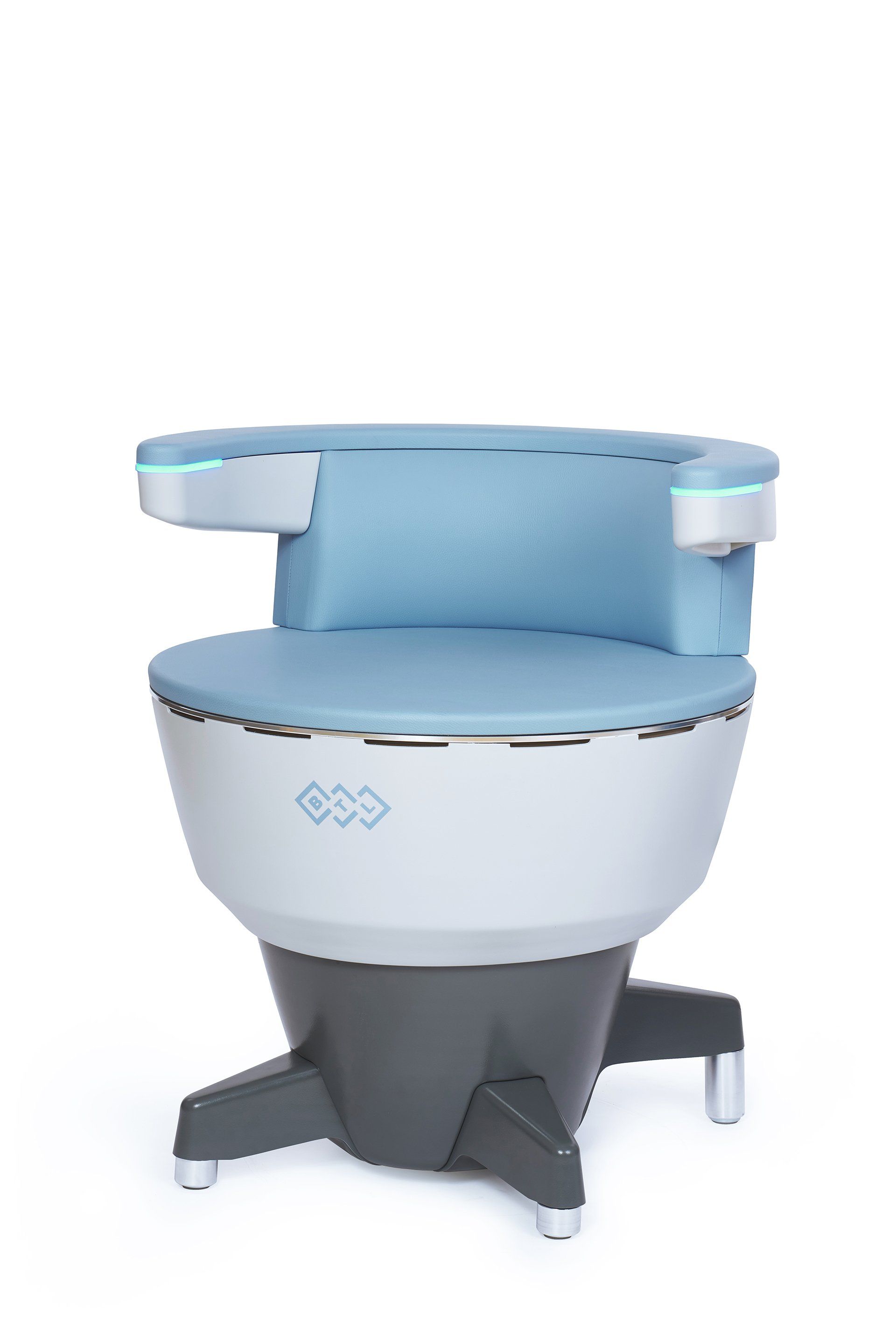 A white and blue chair is sitting on a white surface.