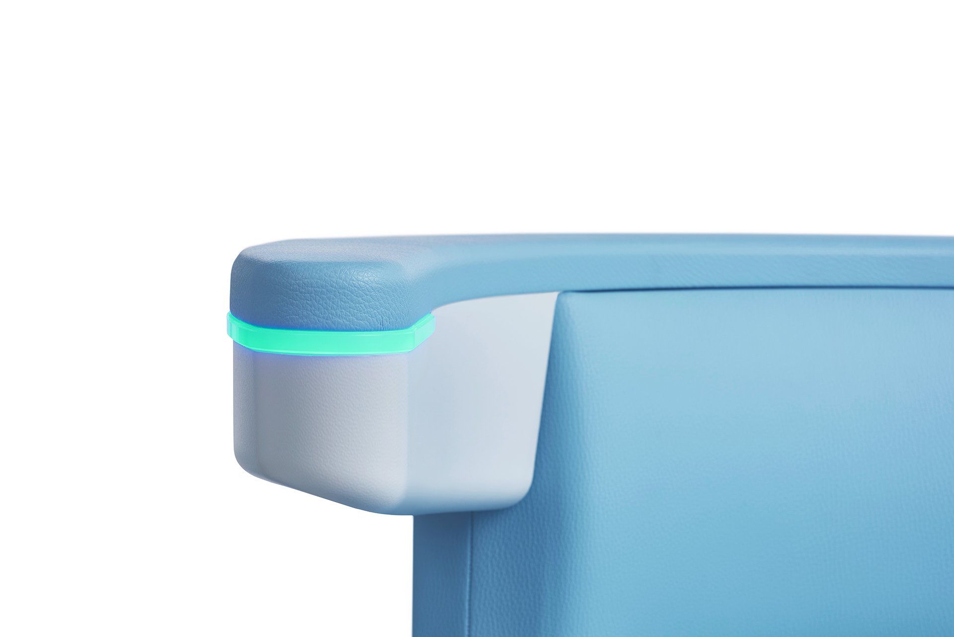 A close up of a blue chair with a green light on the arm.