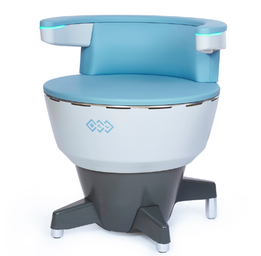 A chair with a blue seat and a gray base