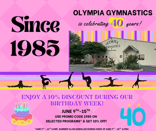 An advertisement for Olympia Gymnastics celebrating 40 years