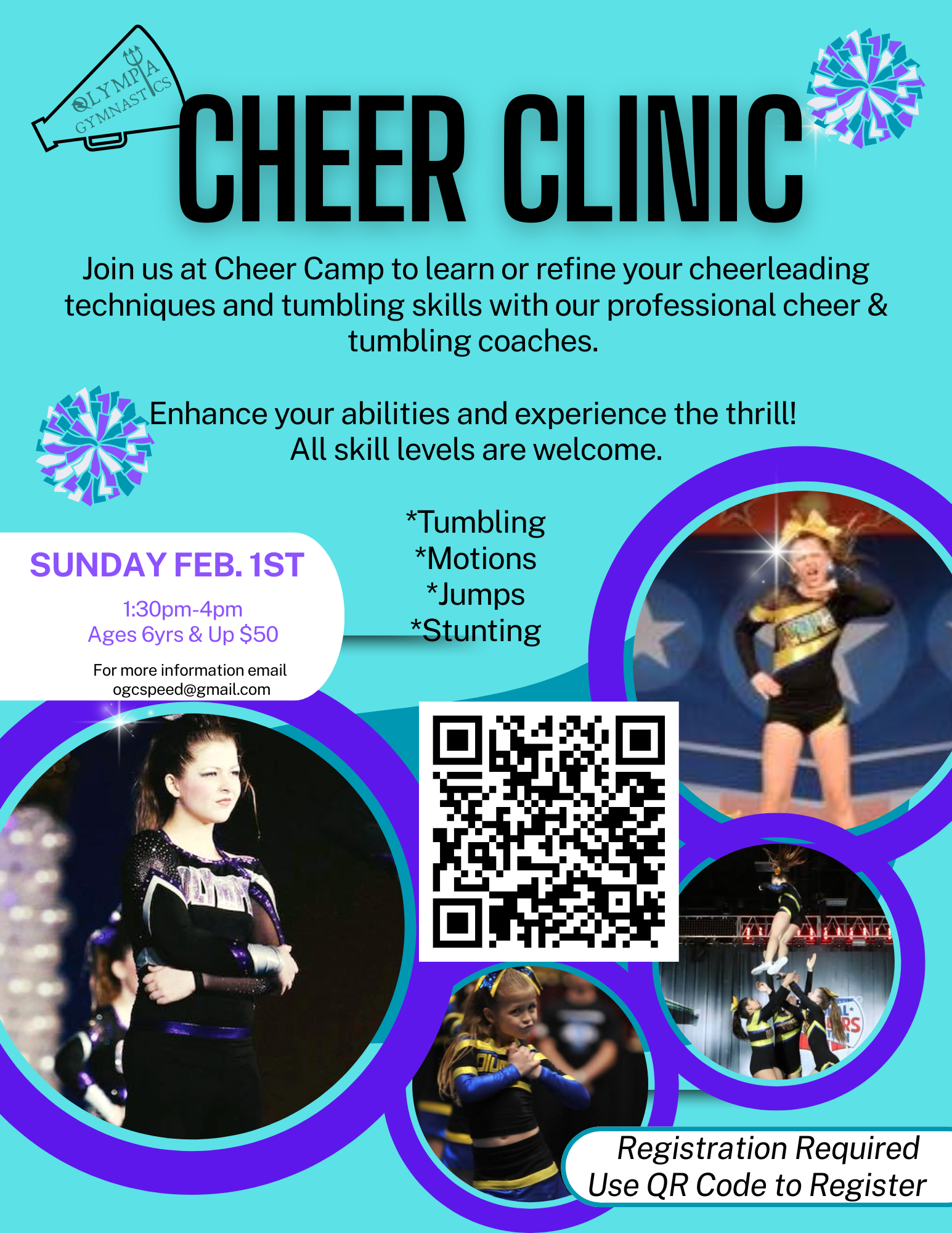 Spring Break Ninja Camp flyer, Olympia Gymnastics. Dates: March 9-13. Full day, morning, and afternoon options. Sign up at olympiakids.org.