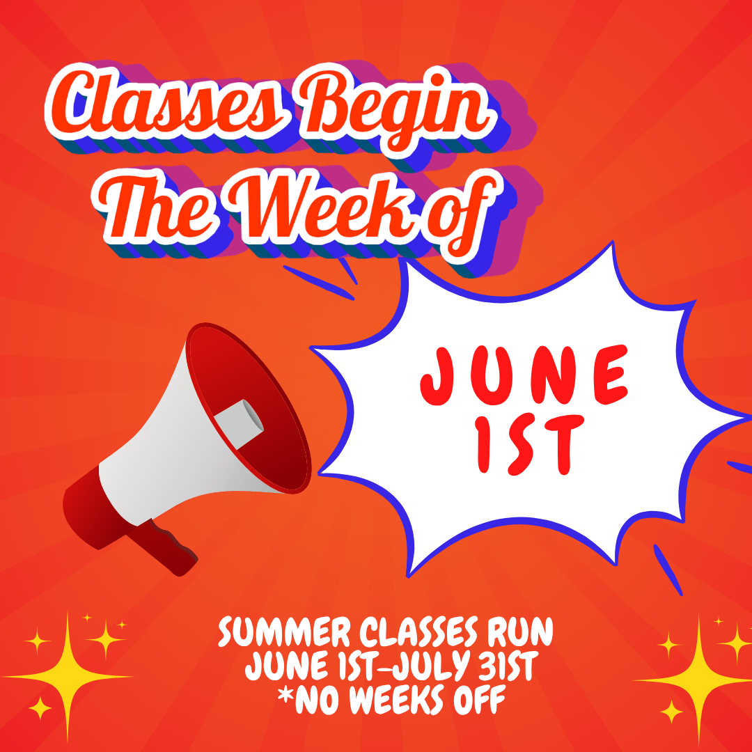 Colorful summer programs flyer with sun, rainbow, palm tree, and dates May 25–August 22, closed May 18–24