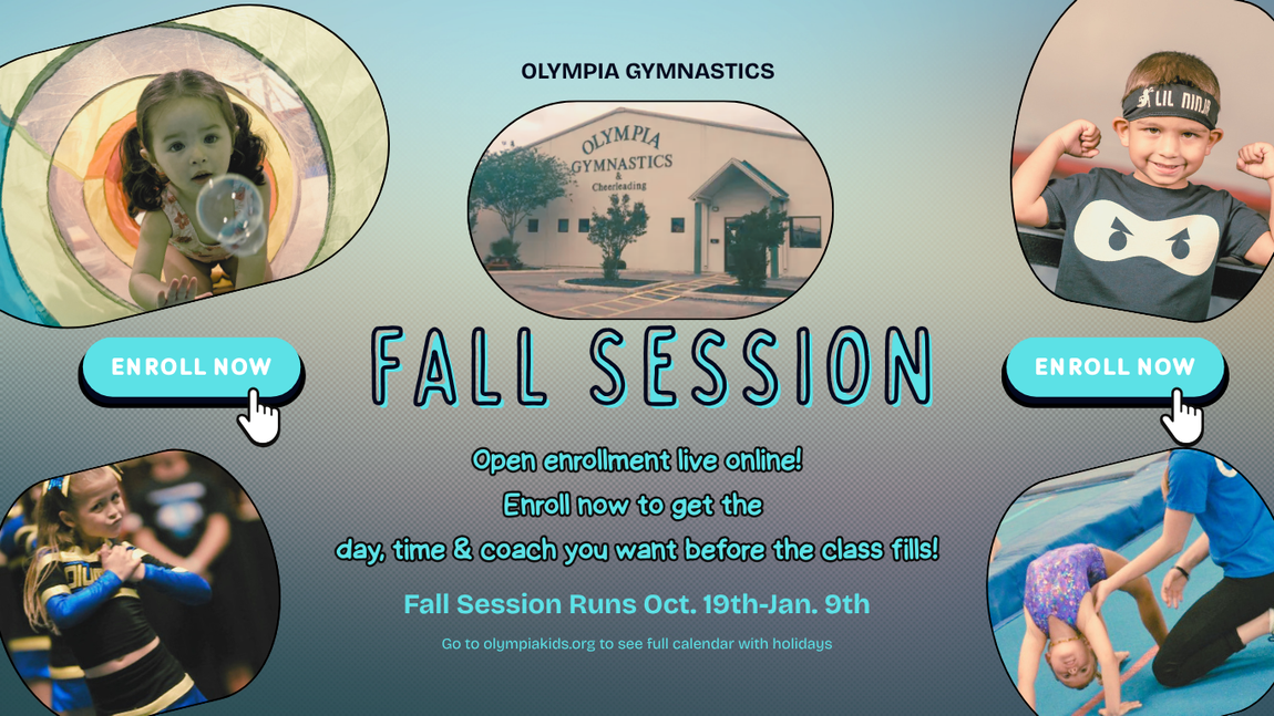 Colorful “Back 2 School Session” gymnastics class schedule poster with dates, times, and camp-in details