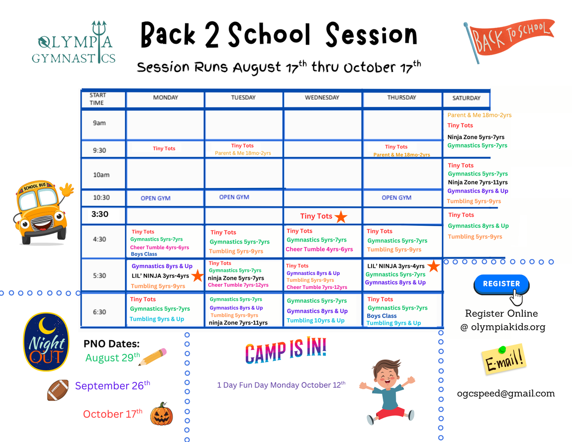 Colorful “Back 2 School Session” gymnastics class schedule poster with dates, times, and camp-in details