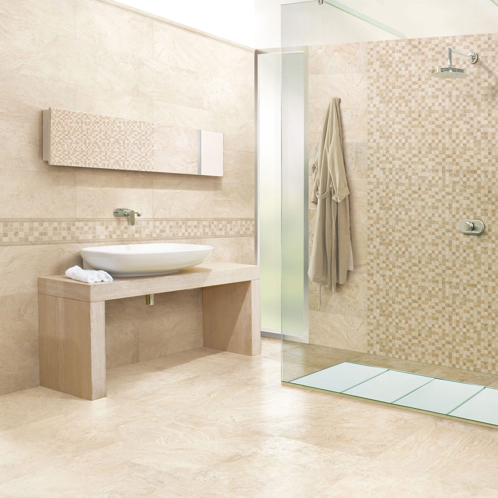 Modern beige bathroom with a sink vanity, mirror, and glass shower enclosure