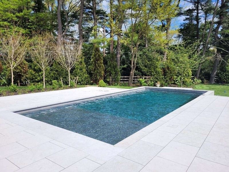 Rectangular swimming pool surrounded by white stone patio, trees in background.