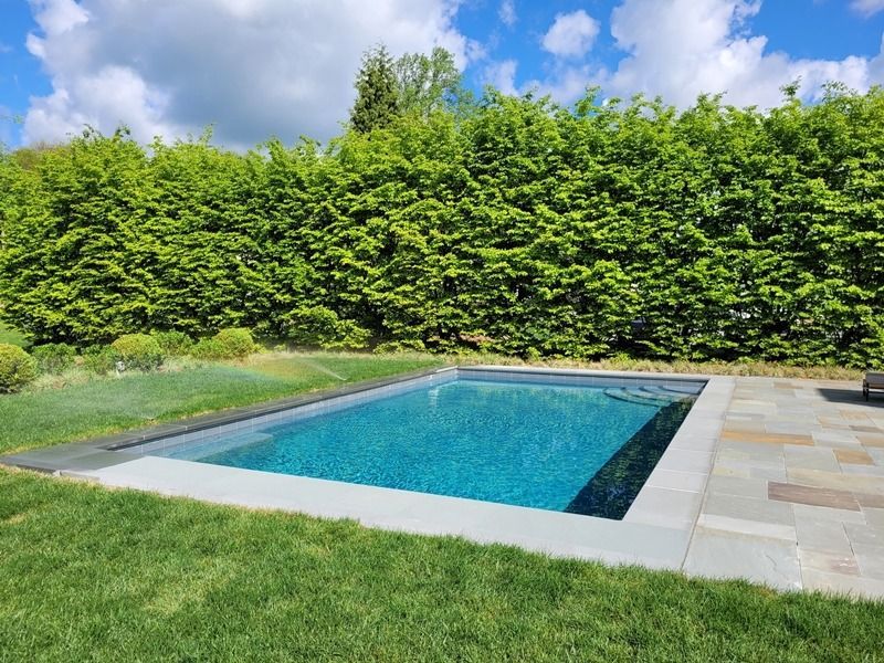 Rectangular pool with turquoise water, surrounded by green grass and a hedge under a blue sky.