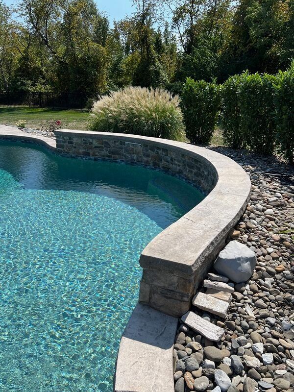Curved pool with stone coping and blue water, bordered by rocks and landscaping.