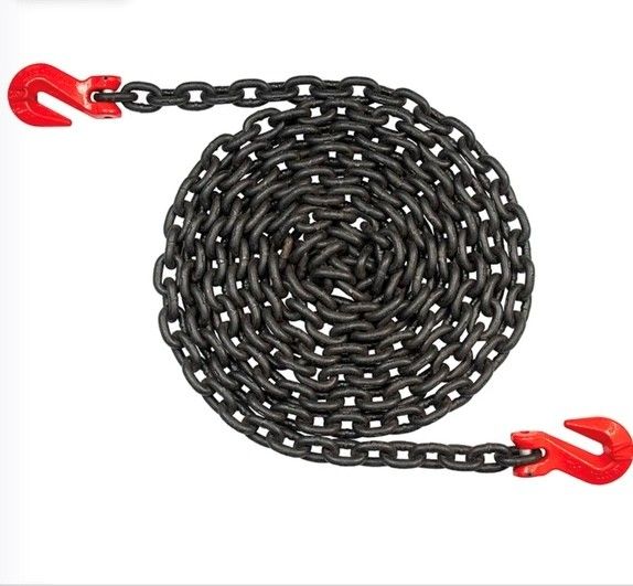 Coiled black tow chain with red hooks on both ends
