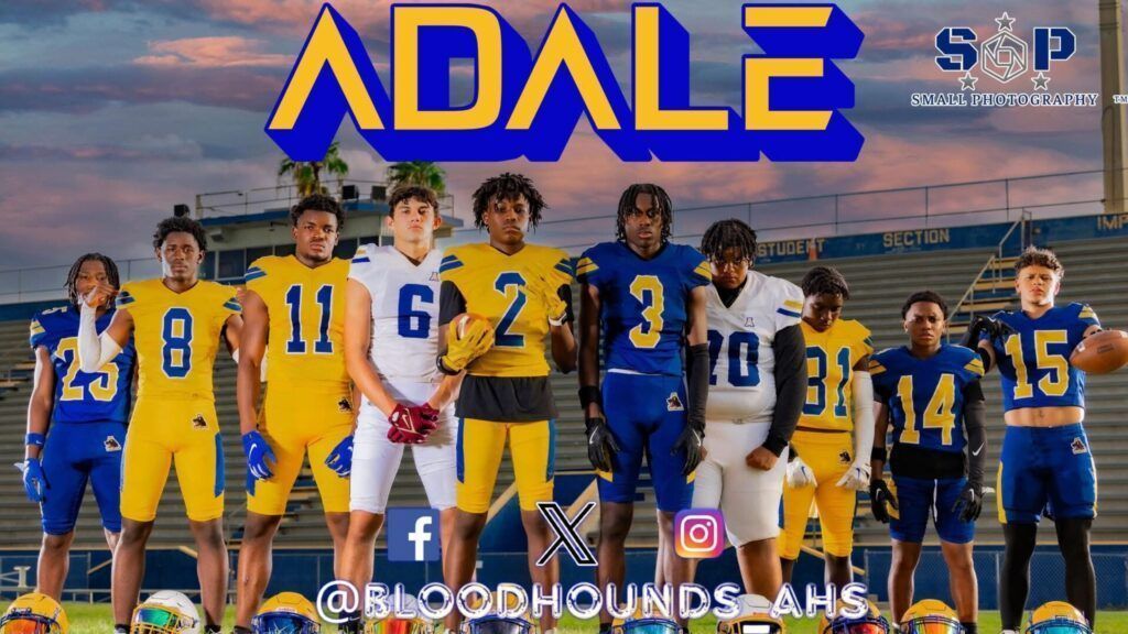 Adale football team posing on a field in blue and gold uniforms.