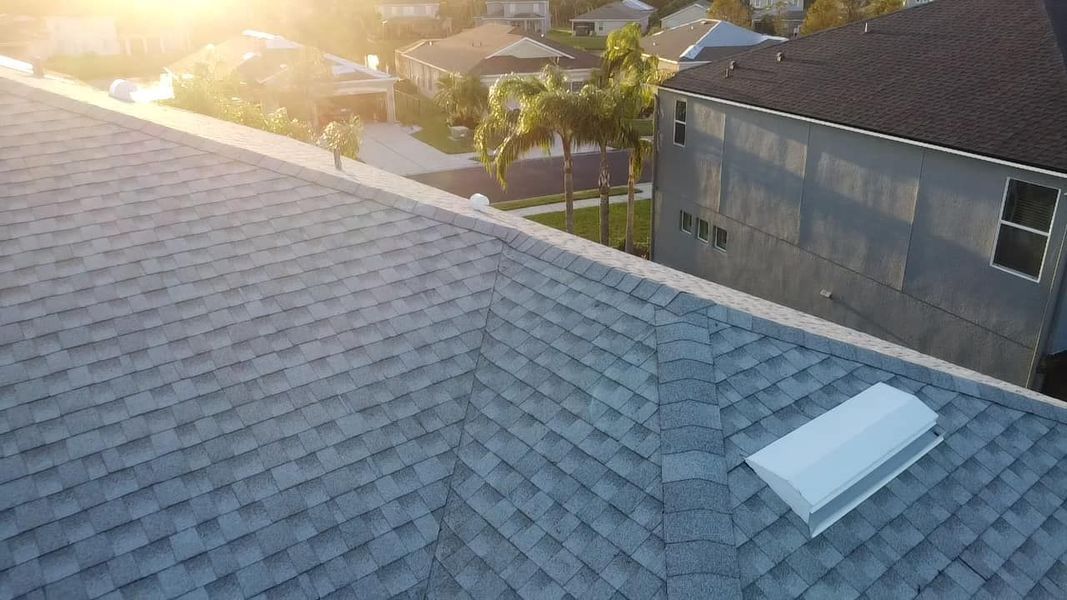 A gray shingled roof with a skylight, overlooking a suburban neighborhood on a sunny day.