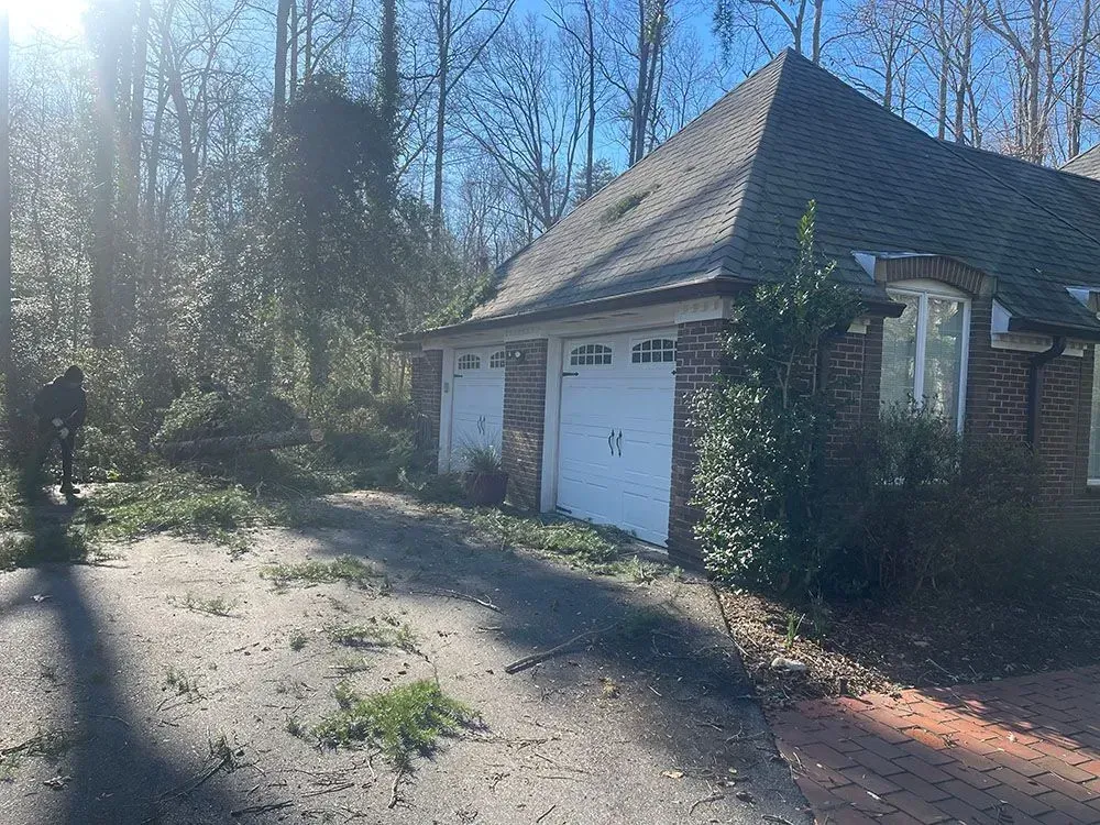 White garage in a wooded driveway, with sunlight and long shadows