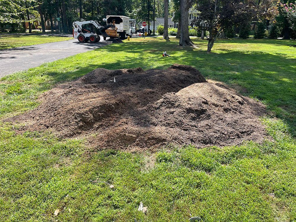Freshly dug soil mound on a grassy roadside, with a utility truck parked in the background.