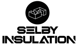 Black and white logo for Selby Insulation, featuring a geometric building icon within a black circle and text below.