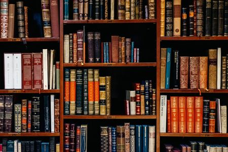 A library filled with lots of books on wooden shelves.