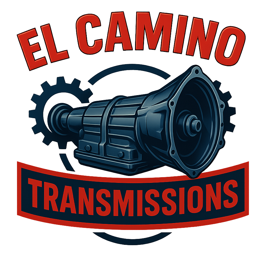 Logo for El Camino Transmissions featuring a dark blue automotive transmission inside a gear, with red text.