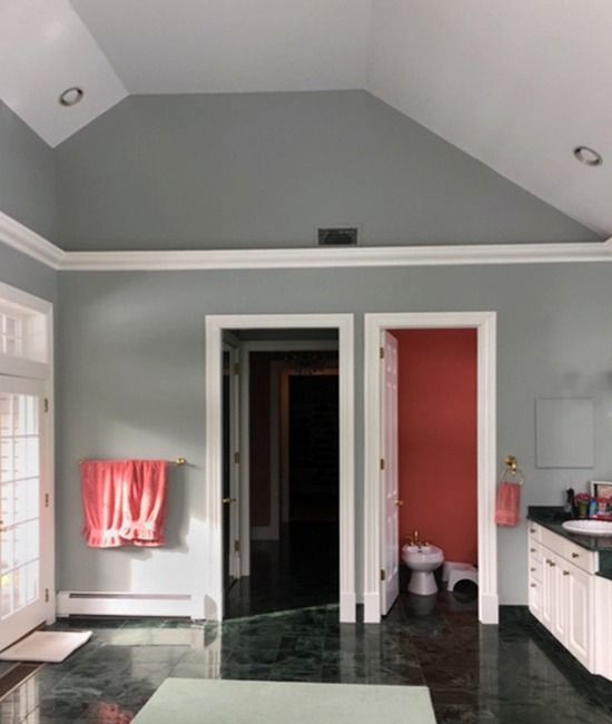Bathroom with gray walls, two doorways, and coral-colored door; green marble floor.
