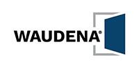 WAUDENA logo with black text and a blue door icon