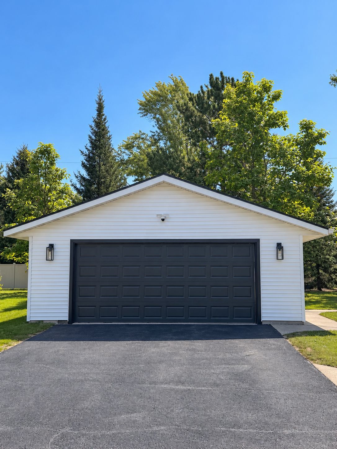 White detached garage with black double doors and driveway under a blue sky.