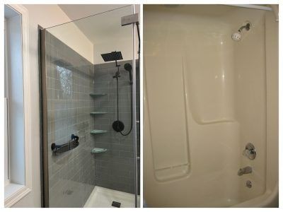 Side-by-side bathroom showers: one tiled walk-in with grab bar, one beige tub shower with grab bars and showerhead.