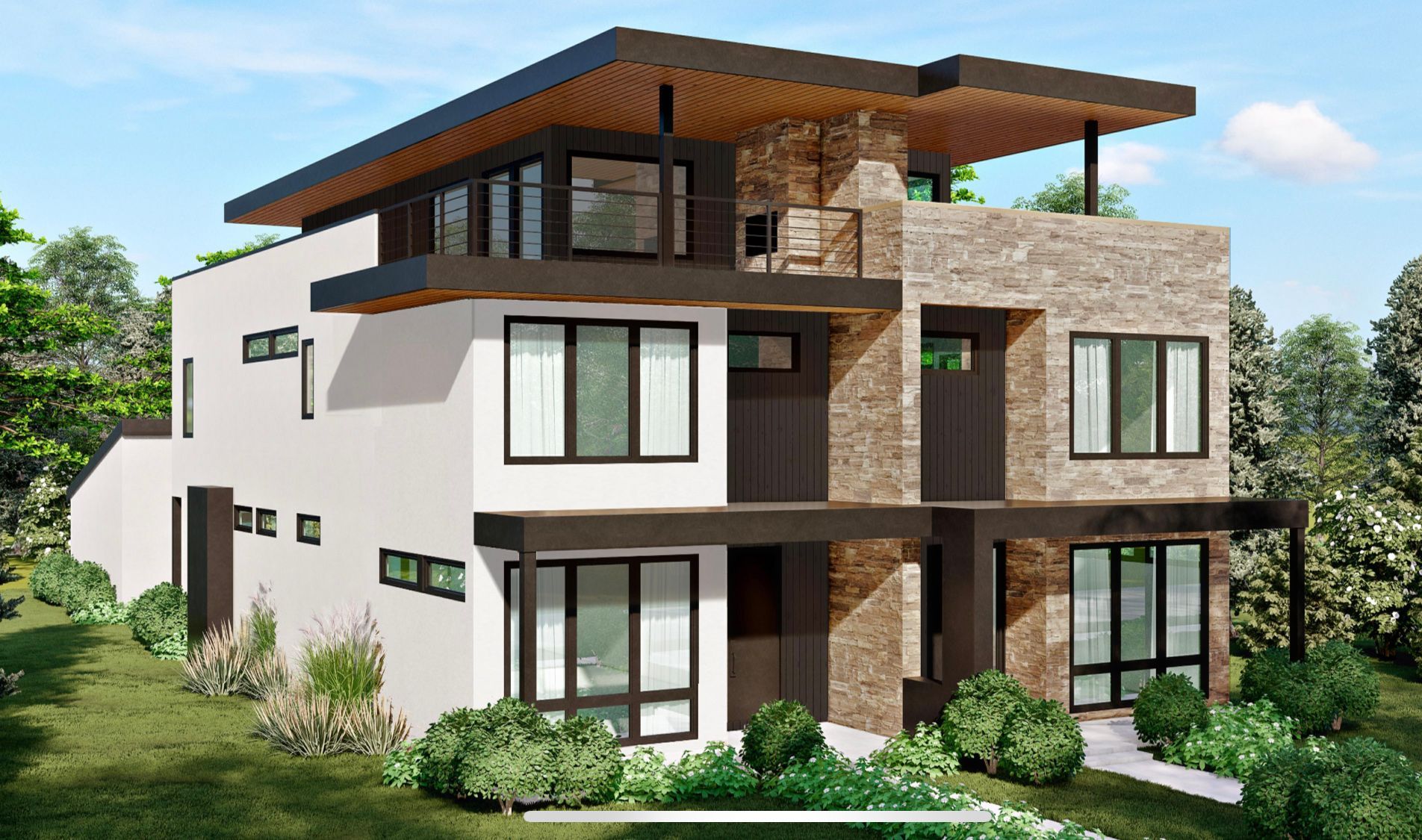 Modern two-story house with stone and white facade, balconies, and flat roof, surrounded by greenery.