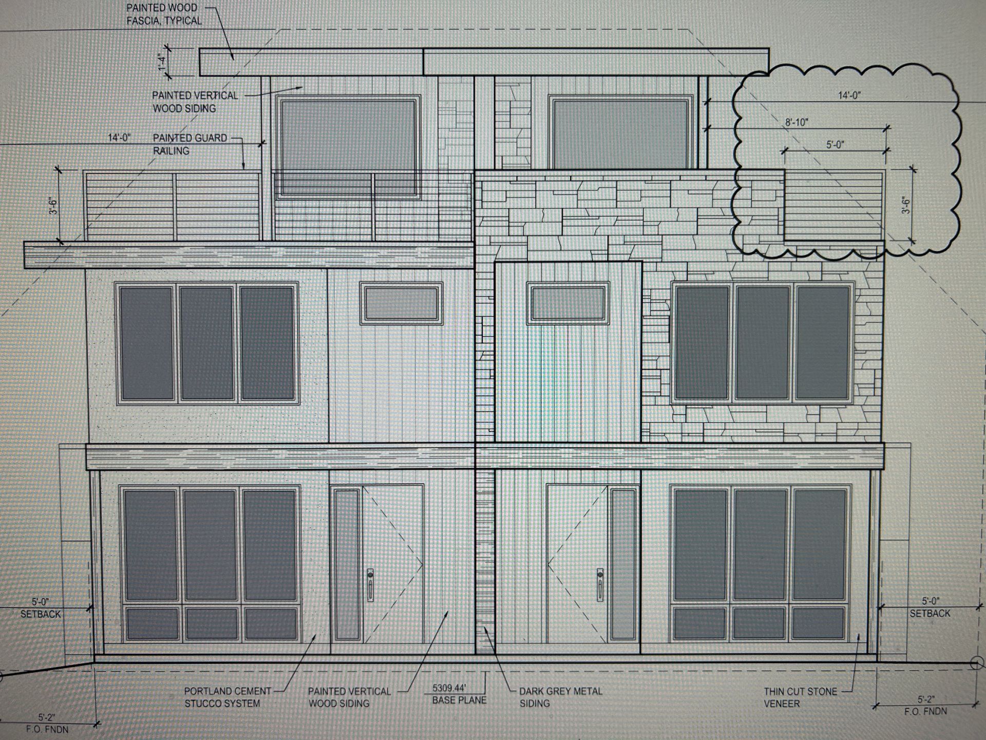 Architectural elevation drawing of a two-story building with a modern design, showing windows, doors, and different facade textures.