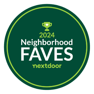 2024 Neighborhood Faves award badge from Nextdoor, featuring a green circle with text and a trophy icon.