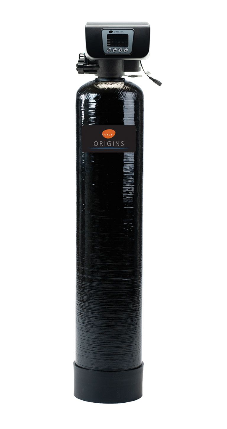 a black water filter is sitting on a white surface 