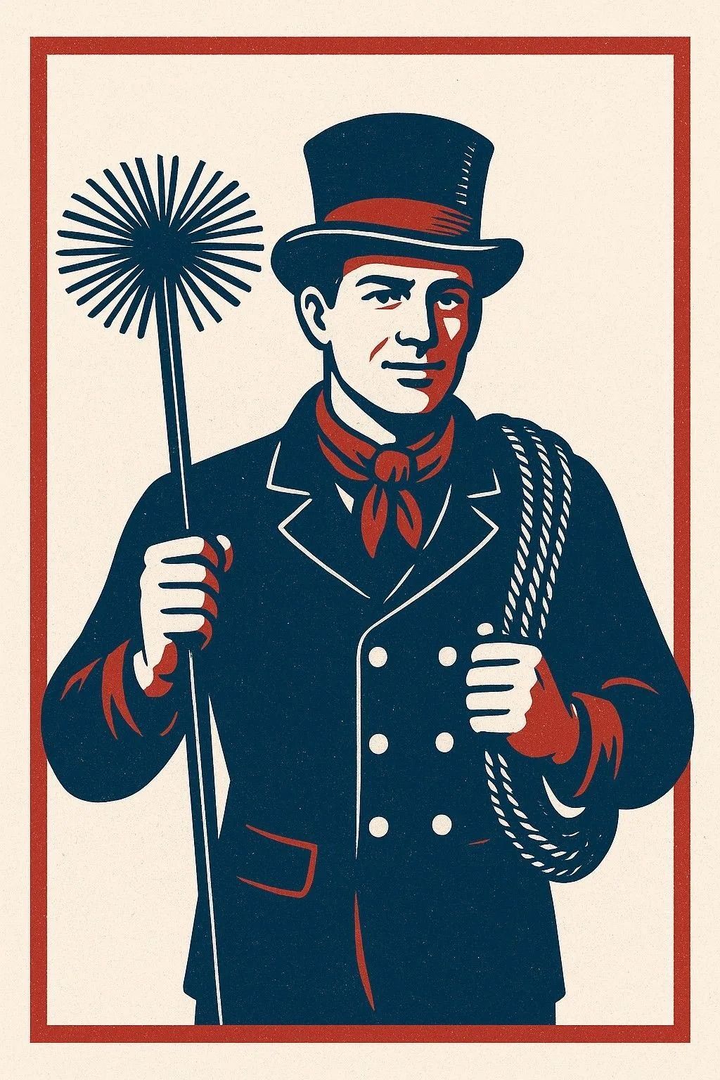 Chimney sweep in top hat, holding brush and rope, in a red-framed illustration with blue and red hues.