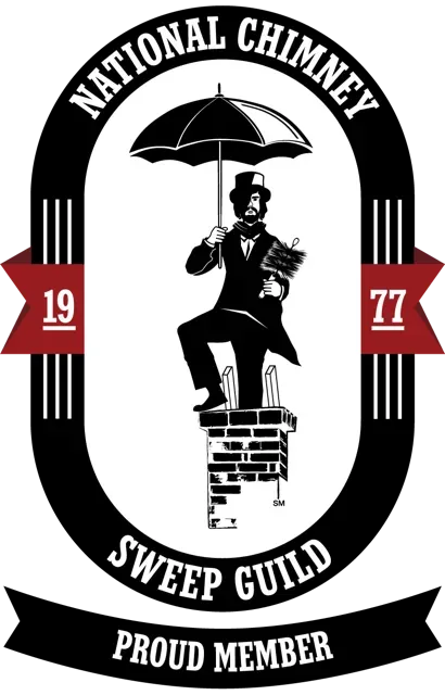 Logo of National Chimney Sweep Guild with a chimney sweep under an umbrella.