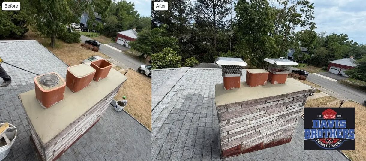 Rooftop chimney repair with two brick flues on a shingled house, trees and road in background
