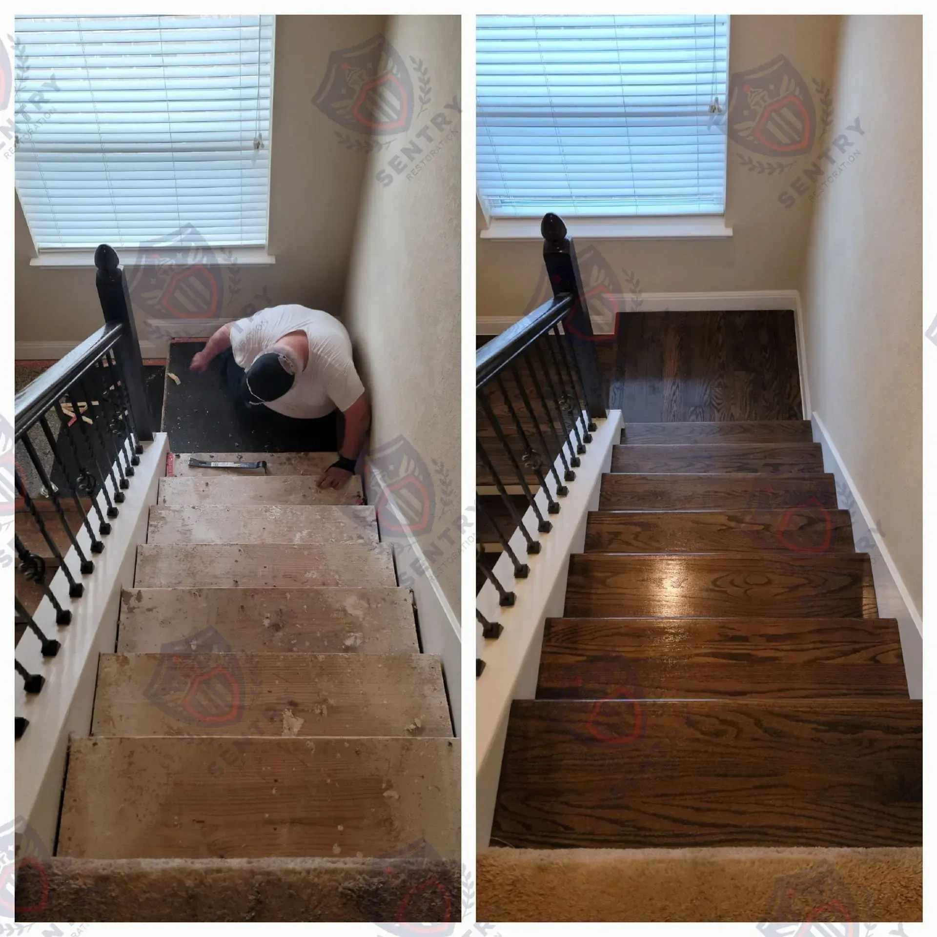 Before and after of a staircase; old, worn steps on the left, refinished, dark wood steps on the right.