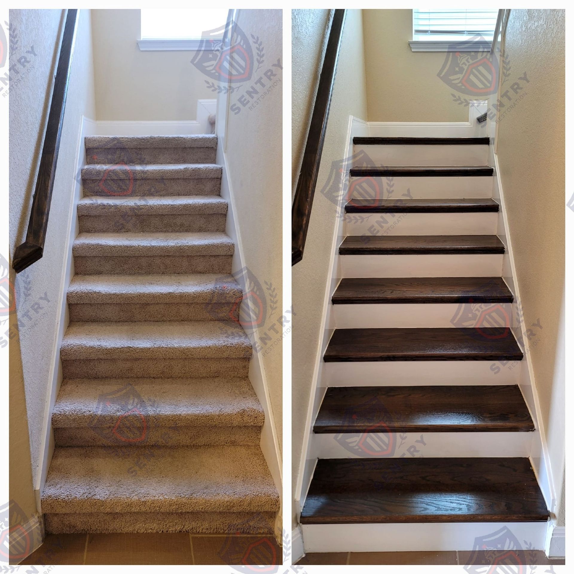 Staircase before and after renovation: carpeted steps transformed to stained wood treads with white risers.