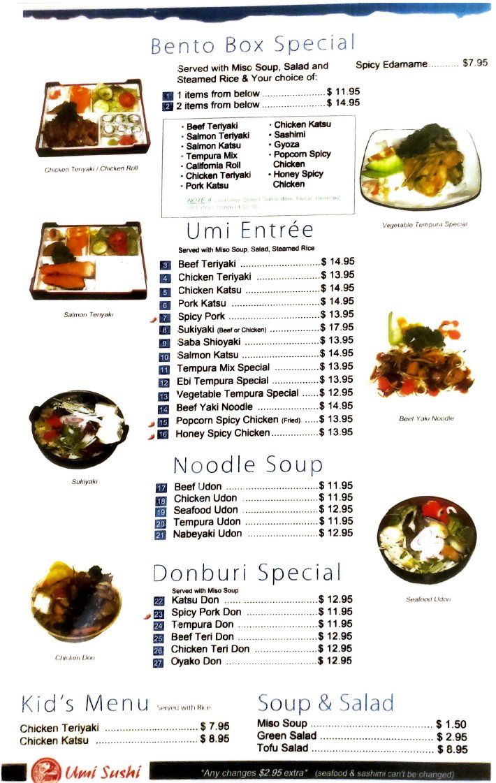 Umi Sushi Dinner Menu Modesto Ca