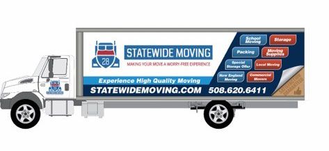 A white and blue statewide moving truck