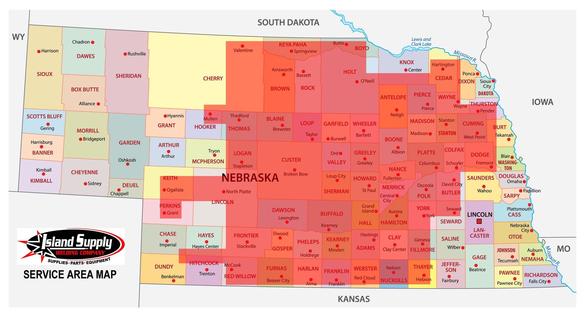 Service area map of Nebraska