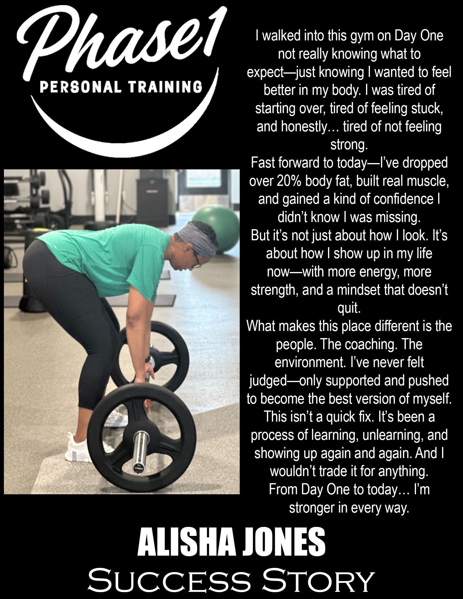 Woman weightlifting at a gym, a Phase 1 Personal Training success story. Text details her transformation.