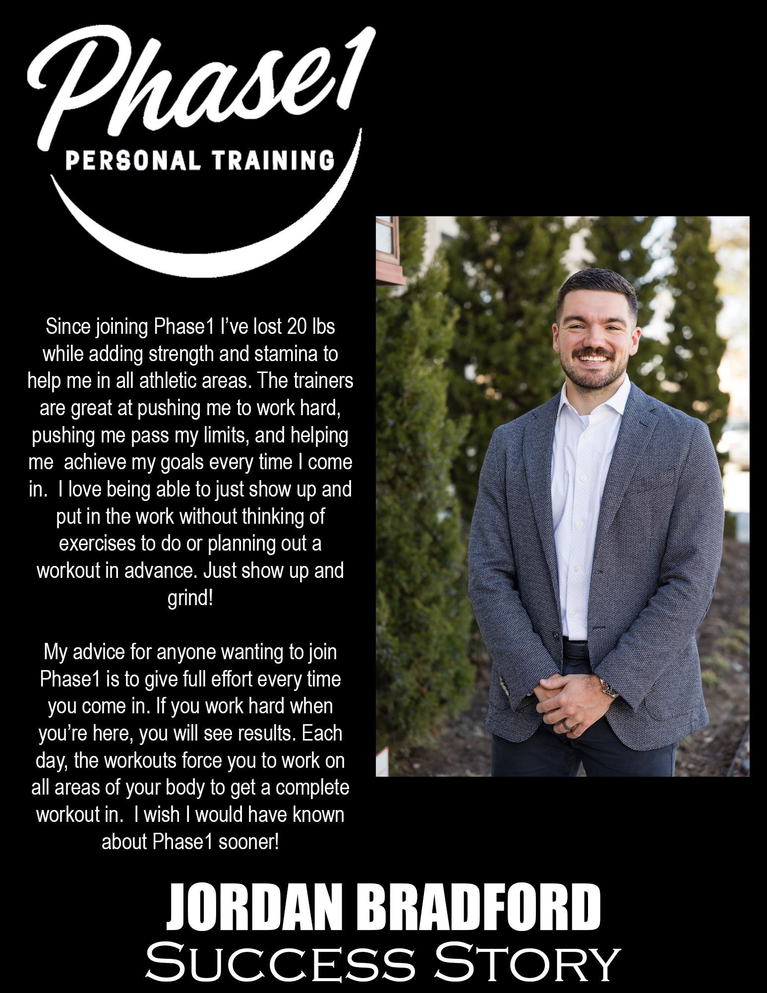 Phase 1 personal training advertisement with Jordan Bradford's success story. A man in a blazer stands outside.