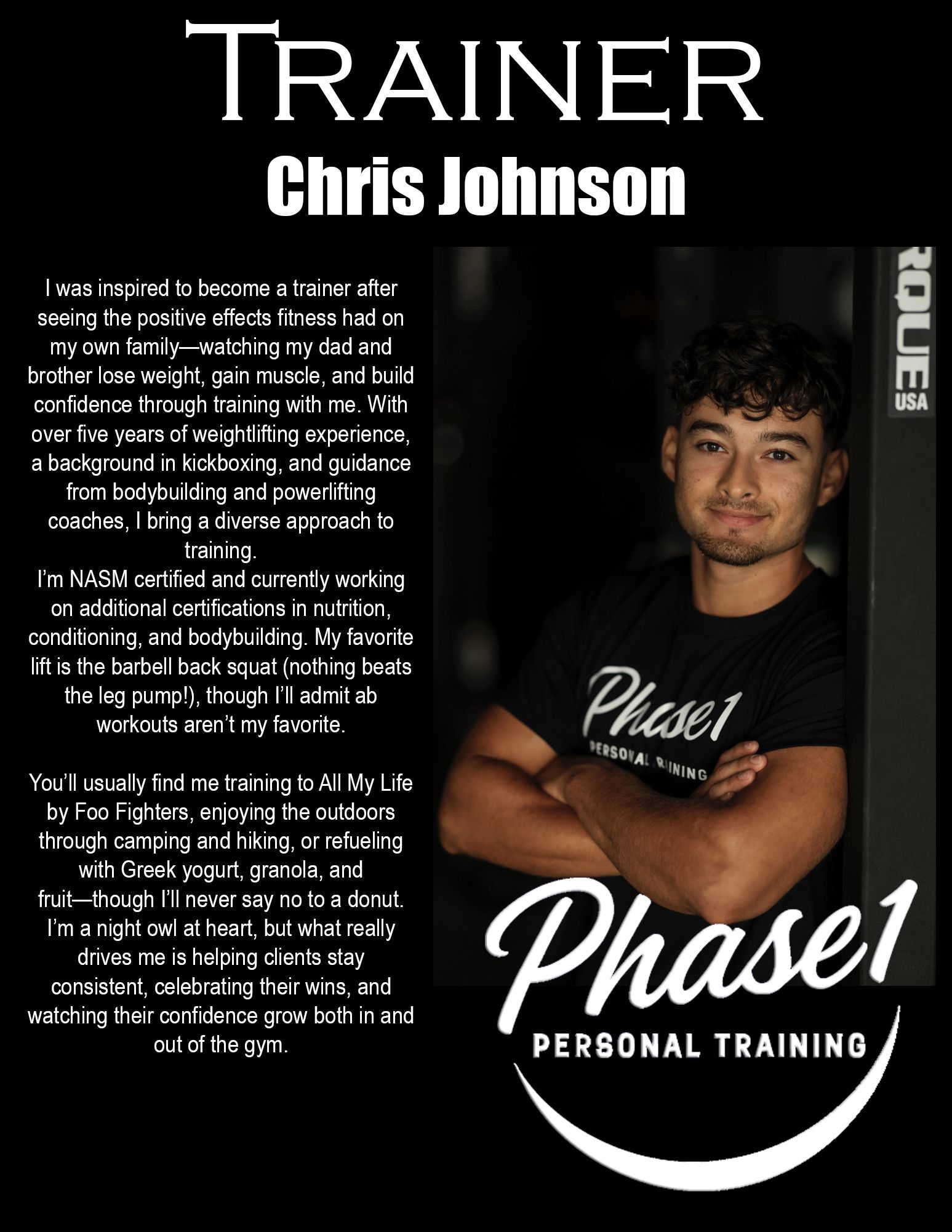 Trainer Chris Johnson of Phase 1 Personal Training. Man with arms crossed in gym setting, wearing Phase 1 shirt.