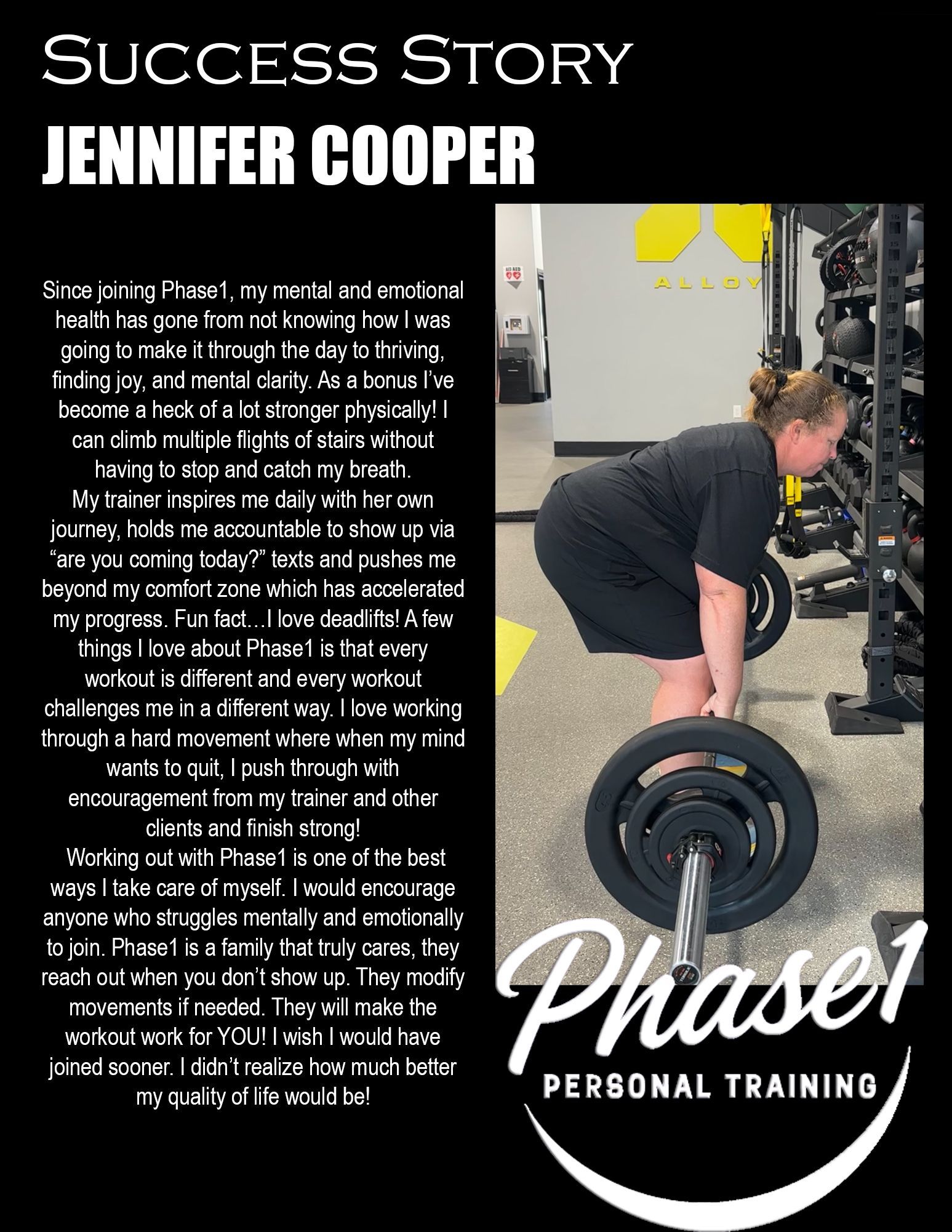 Jennifer Cooper performing a deadlift at Phase 1 Personal Training. She is focused, strong, and confident.