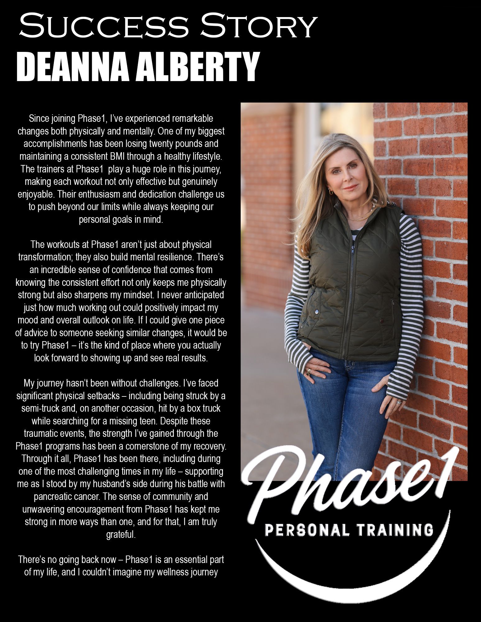Deanna Alberty standing by brick wall; Phase 1 Personal Training success story. Blonde hair, smiling.
